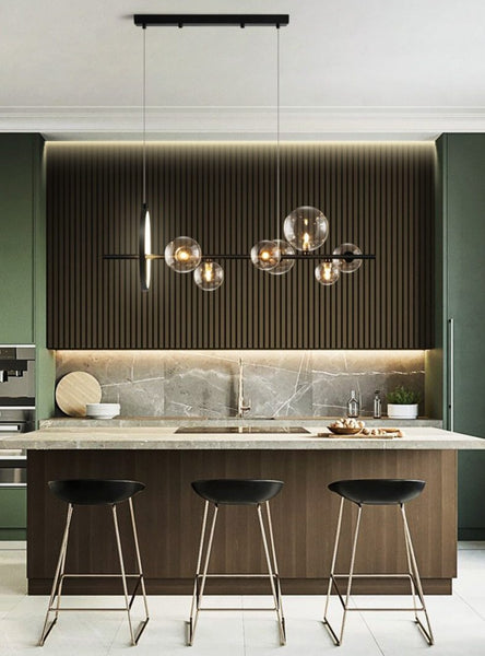 Luci della Scandinavia - Macrocosmo - Moderna illuminazione a LED a forma di sfera di vetro sospesa. Lampadario in stile nordico per sale da pranzo, bar, ristoranti o, perché no, anche per la caffetteria? 2 misure: larghezza 90 o 120 cm. 7 teste - Larghezza 90 cm, Altezza 30 cm, 7x5W + 17W 10 teste - Larghezza 100 cm, Altezza 30 cm, 10x5W + 17W