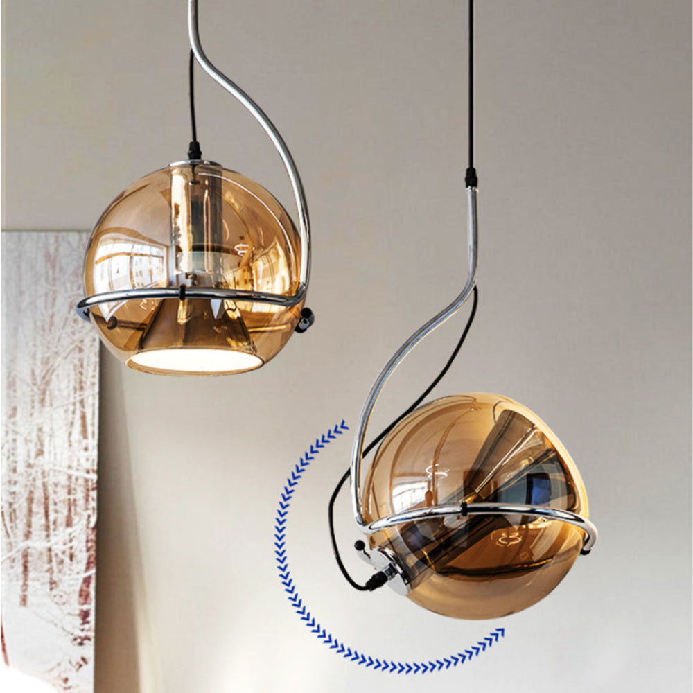 Lampe Suspendue Globe En Verre Coloré Ambré Avec Structure Bronze Doré - Éclairage Décoratif Réglable Pour Cuisine, îlot, Salon